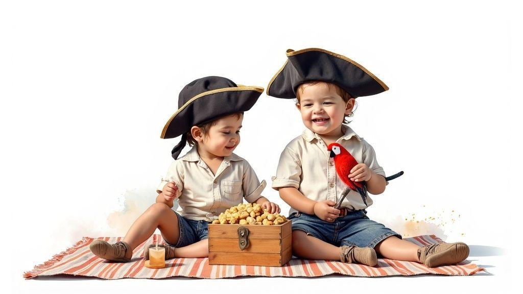 Deux jeunes garçons souriants déguisés en pirates avec chapeaux, assis sur une couverture, partageant des snacks d