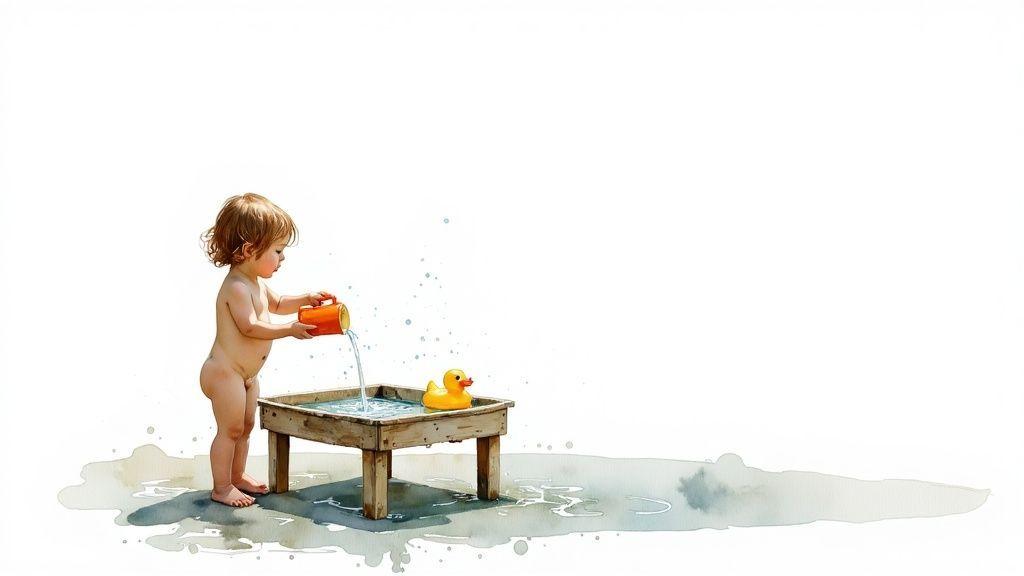 Un enfant joue avec une table à eau remplie de jouets colorés, développant sa motricité et sa créativité.