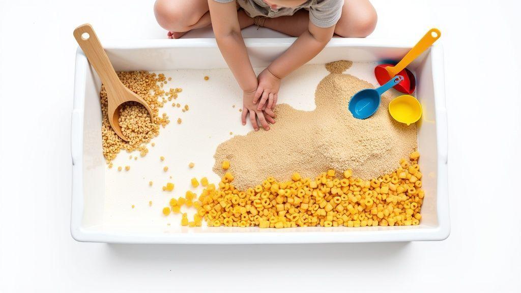 Un enfant joue avec des matériaux sensoriels (sable, pâtes, céréales) et des ustensiles dans un bac blanc.
