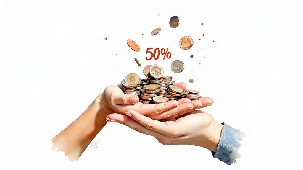 Deux mains tenant des pièces de monnaie avec inscription 50% symbolisant le coût et les économies