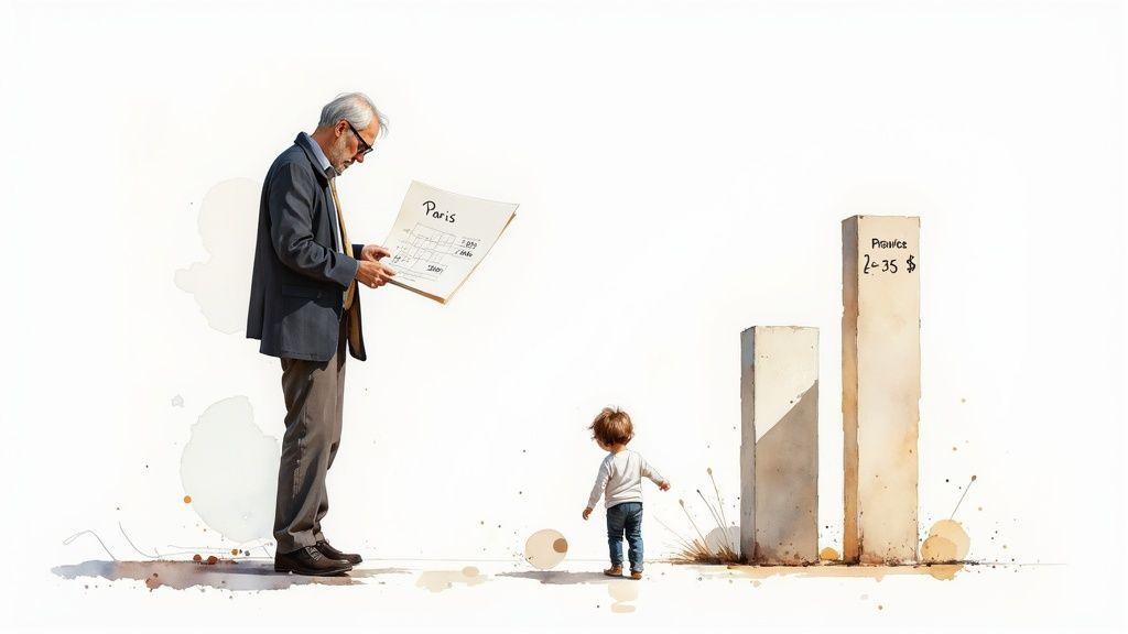 Homme âgé consultant un planning Paris devant enfant près graphique coûts garde d