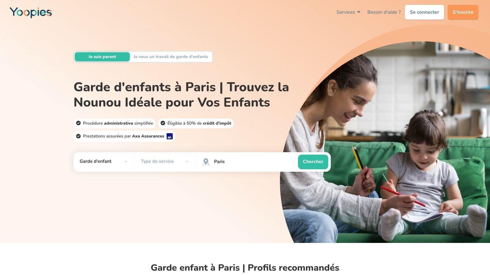 Interface de Yoopies montrant la recherche de garde d