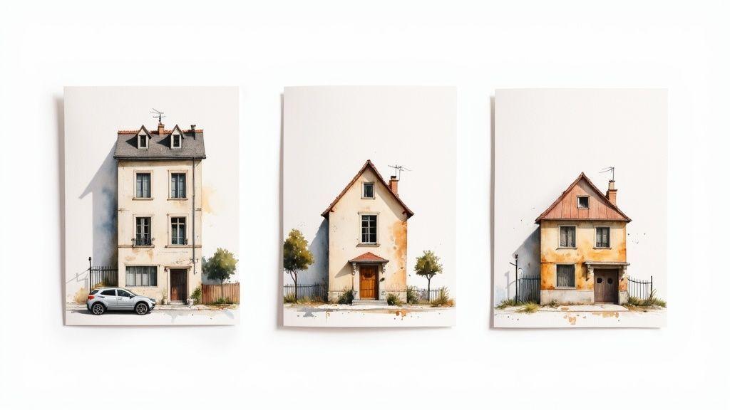 Trois illustrations aquarelle de maisons françaises traditionnelles avec arbres et clôtures sur fond blanc