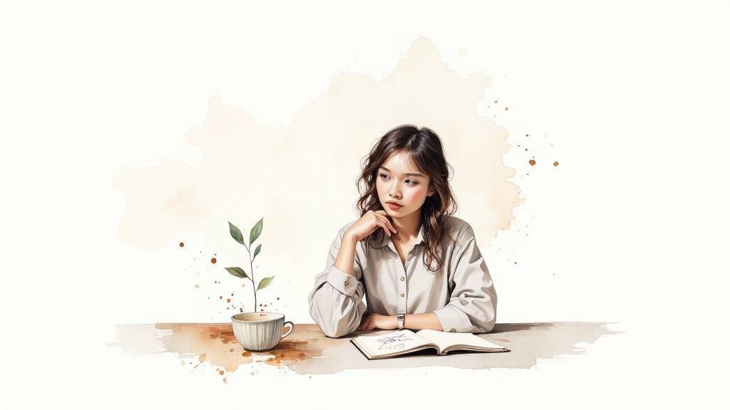 Jeune femme pensive avec un carnet ouvert et une plante, dans un style aquarelle clair.